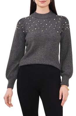 Chaus Imitation Pearl Puff Shoulder Sweater in Medium Grey Heather