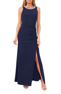 Chaus Imitation Pearl Sleeveless Gown in Navy