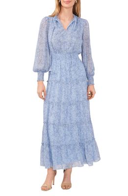 Chaus Leaf Print Metallic Smocked Waist Long Sleeve Tiered Midi Dress in Forget Me Not