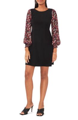 Chaus Mixed Media Floral Long Sleeve Sheath Minidress in Rich Black