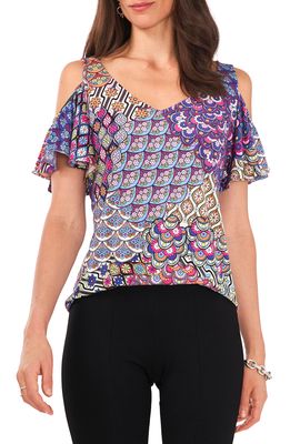 Chaus Print Cold Shoulder Top in Blue