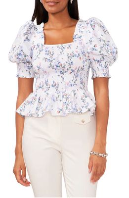 Chaus Puff Sleeve Smocked Peplum Top in White/Pink/Blue