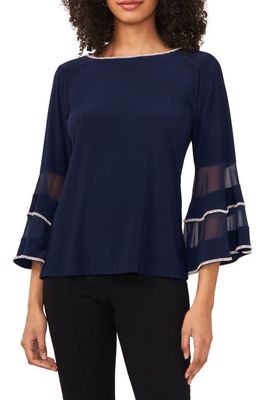 Chaus Rhinestone Illusion Bell Sleeve Blouse in Navy 418