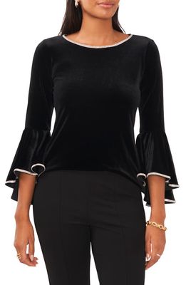 Chaus Rhinestone Trim Ruffled Long Sleeve Velvet Blouse in Black