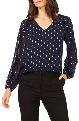 Chaus Ruffle Trim Long Sleeve Blouse in Navy/Silver