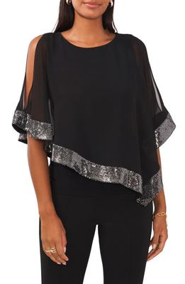 Chaus Sequin Trim Ruffled Cold Shoulder Overlay Top in Black/Gunmetal