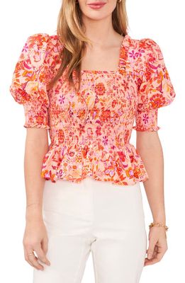Chaus Smocked Puff Sleeve Blouse in Peach/Pink/Orange