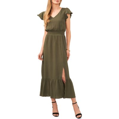 Chaus Smocked Waist Double Gauze Midi Dress in Olive 