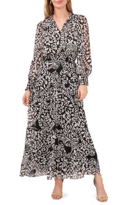 Chaus Smocked Waist Long Sleeve Tiered Midi Dress in Black/White