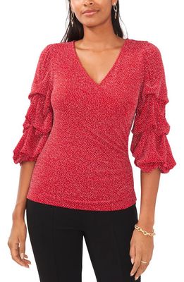 Chaus Surplice V-Neck Lantern Sleeve Blouse in Cc Red/Silver