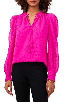 Chaus Swiss Dot Tie Neck Smocked Blouse in Fuchsia Pink