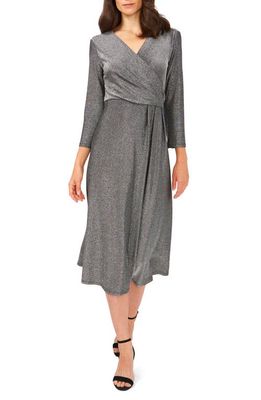 Chaus Three-Quarter Sleeve Faux Wrap Midi Dress in Black/Silver 