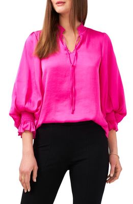 Chaus Tie Neck Smocked Satin Blouse in Arresting Orchid