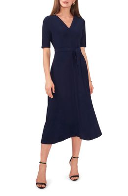Chaus V-Neck Belted Midi Dress in Navy Blue