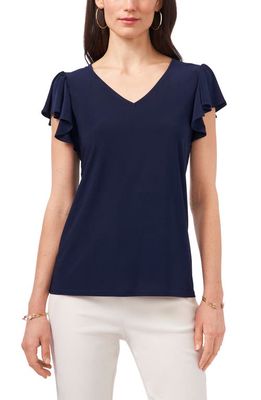 Chaus V-Neck Ruffle Sleeve Top in Navy
