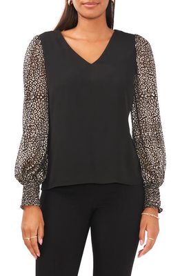 Chaus V-Neck Smocked Cuff Blouse in Black/Gold