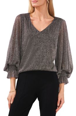 Chaus V-Neck Smocked Cuff Blouse in Black/Silver/Gold
