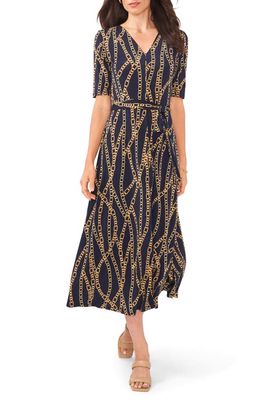 Chaus V-Neck Tie Waist Maxi Dress in Midnight Blue/Gold