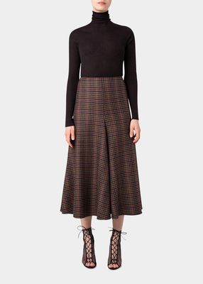 Check Wool Flared Godet Midi Skirt