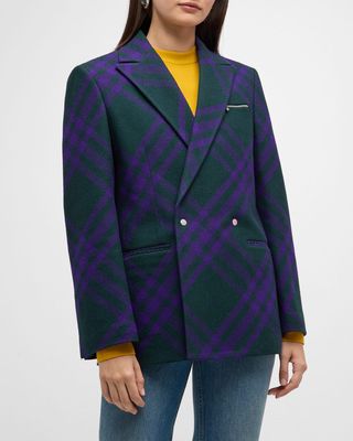 Check Zip-Pocket Double-Breasted Wool Tailored Jacket