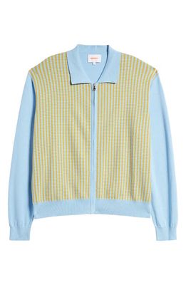 CHECKS Front Zip Long Sleeve Polo in Sky Blue/Mustard