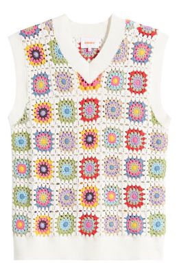 CHECKS Granny Square Crochet Cotton Vest in Ivory Multi
