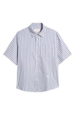 CHECKS Stripe Boxy Fit Short Sleeve Button-Up Shirt in White/Blue