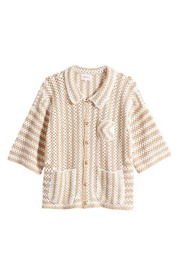 CHECKS Stripe Crochet Cotton Button-Up Shirt in Biscuit
