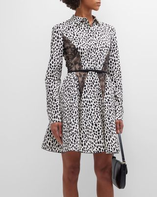 Cheetah-Print Lace-Inset Popeline Shirtdress