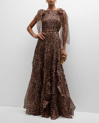 Cheetah Print Silk Belted Gown with Shoulder Ties