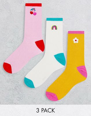 Chelsea Peers 3 pack embroidery socks in orange daisy cherry print