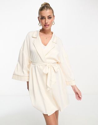 Chelsea Peers bridal kimono robe with lace cuff in off white
