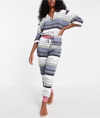 Chelsea Peers button through pajama set in mountain fairisle print-Multi
