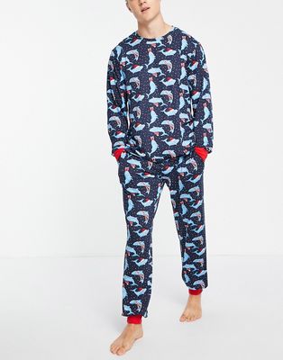 Chelsea Peers Christmas pajama set in navy whale print-Blues