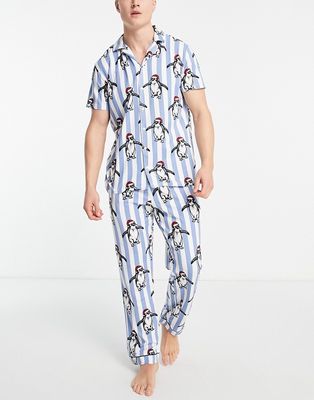 Chelsea Peers Christmas pajamas in blue stripe with penguin print