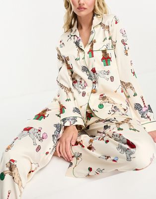 Chelsea Peers Christmas satin circus print long sleeve top and pants pajama set in cream-White