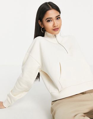 Chelsea Peers cotton cropped sweat with high neck zip front detail in cream - CREAM-White