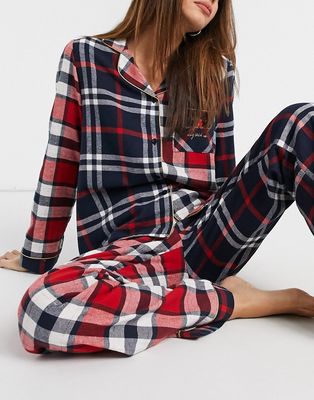 Chelsea Peers cotton mixed plaid long camp collar pajama set in red and navy - RED