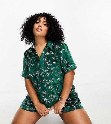 Chelsea Peers Curve Christmas velvet camp collar top and shorts pajama set with silver foil print in forest green