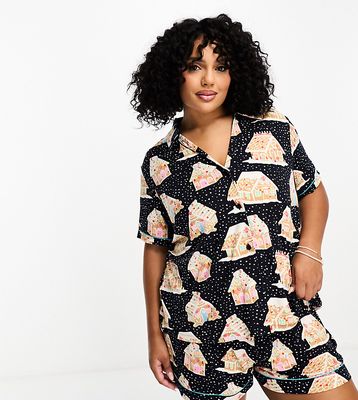 Chelsea Peers Curve Exclusive Christmas gingerbread print short sleeve camp collar and shorts pajama set in navy