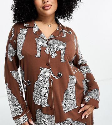 Chelsea Peers Curve Exclusive leopard print jersey button top and pants pajama set in brown