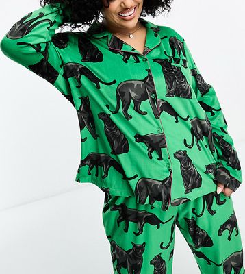 Chelsea Peers Curve velour panther print top and pants pajama set in apple green