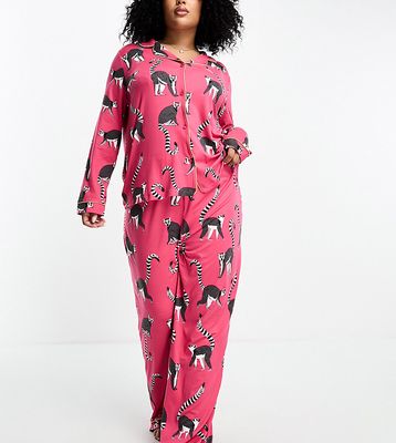 Chelsea Peers Exclusive Curve jersey lemur print button top and pants pajama set in hot pink