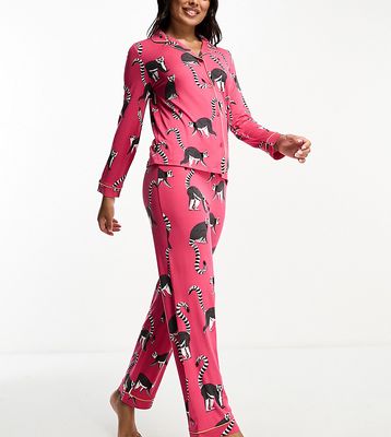 Chelsea Peers Exclusive jersey lemur print button top and pants pajama set in hot pink