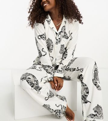 Chelsea Peers Exclusive long sleeve shirt and pants cotton pajama set in cream lotus tiger print-White