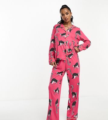 Chelsea Peers Exclusive Petite jersey lemur print button top and pants pajama set in hot pink