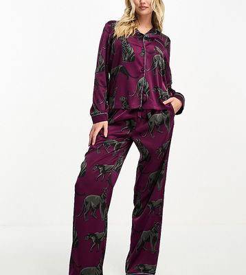 Chelsea Peers Exclusive satin panther print button top and pants pajama set in plum-Purple