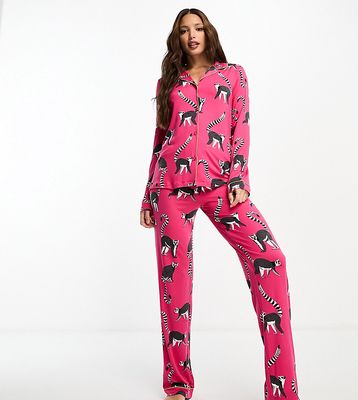 Chelsea Peers Exclusive Tall jersey lemur print button top and pants pajama set in hot pink