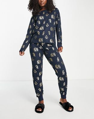 Chelsea Peers foil long sleeve and cuffed pants pajama set in navy and gold penguin print