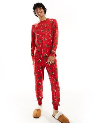 Chelsea Peers His & Hers Christmas puppy print pajama set in multi-Red